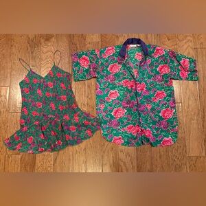 VICTORIA'S SECRET Slip Dress Matching Coverup Floral Satin Vintage Gold Label
